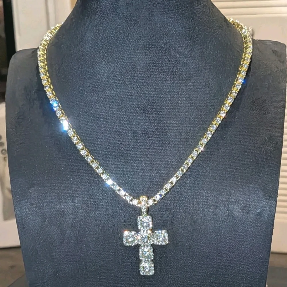 14k Yellow Gold Plated Lab Created Diamond Cross Pendant Tennis Necklace 18